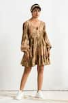 Buy_Bohame_Beige Muslin Silk Scoop Neck Dove Tie Dye Tiered Dress _at_Aza_Fashions