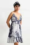 Bohame_Blue Muslin Silk V Neck Mira Tie Dye Pleated Dress _Online_at_Aza_Fashions