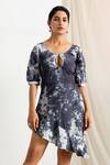 Bohame_Blue Muslin Silk Embroidery Scoop Neck Olivia Asymmetric Tie Dye Dress _Online_at_Aza_Fashions