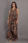 Buy_Bohame_Maroon Crepe Printed Floral V Neck Fern Jumpsuit _at_Aza_Fashions