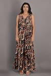 Buy_Bohame_Maroon Crepe Printed Floral V Neck Fern Jumpsuit _Online_at_Aza_Fashions