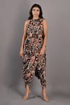 Buy_Bohame_Maroon Crepe Printed Floral Keyhole Evanthe Draped Jumpsuit _Online_at_Aza_Fashions