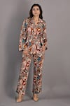 Buy_Bohame_Maroon Cotton Satin Printed Floral Notched Liana Jacket And Pant Set _at_Aza_Fashions