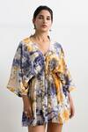 Bohame_Beige Crepe V Neck Pearl Tie Dye Kaftan _Online_at_Aza_Fashions