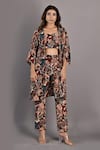 Buy_Bohame_Maroon Crepe Printed Floral Cape Open Elestren And Pant Set _Online_at_Aza_Fashions