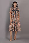 Bohame_Maroon Cotton Satin Printed Floral Band Collar Roisin Shirt Dress _Online_at_Aza_Fashions