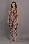 Buy_Bohame_Maroon Crepe Printed Floral Plunge V Neck Varda Cowl Draped Jumpsuit _at_Aza_Fashions