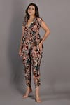 Bohame_Maroon Crepe Printed Floral Plunge V Neck Varda Cowl Draped Jumpsuit _Online_at_Aza_Fashions