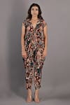 Buy_Bohame_Maroon Crepe Printed Floral Plunge V Neck Varda Cowl Draped Jumpsuit _Online_at_Aza_Fashions