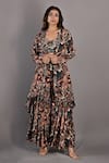 Buy_Bohame_Maroon Crepe Floral Cape Open, Crop Top V Neck Rayen Printed Sharara Set _at_Aza_Fashions