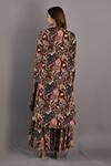 Shop_Bohame_Maroon Crepe Floral Cape Open, Crop Top V Neck Rayen Printed Sharara Set _at_Aza_Fashions