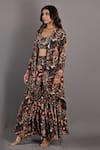 Bohame_Maroon Crepe Floral Cape Open, Crop Top V Neck Rayen Printed Sharara Set _Online_at_Aza_Fashions