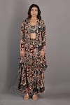Buy_Bohame_Maroon Crepe Floral Cape Open, Crop Top V Neck Rayen Printed Sharara Set _Online_at_Aza_Fashions