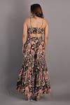 Shop_Bohame_Maroon Crepe Floral Cape Open, Crop Top V Neck Rayen Printed Sharara Set _Online_at_Aza_Fashions