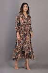 Bohame_Maroon Crepe Printed Floral Surplice Neck Amaryllis Tiered Wrap Dress _Online_at_Aza_Fashions