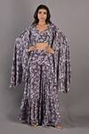 Buy_Bohame_Purple Crepe Floral Cape Open, Crop Top V Neck Voila Printed Sharara Set _at_Aza_Fashions