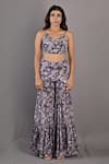 Bohame_Purple Crepe Floral Cape Open, Crop Top V Neck Voila Printed Sharara Set _Online_at_Aza_Fashions