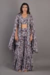 Buy_Bohame_Purple Crepe Floral Cape Open, Crop Top V Neck Voila Printed Sharara Set _Online_at_Aza_Fashions
