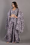 Shop_Bohame_Purple Crepe Floral Cape Open, Crop Top V Neck Voila Printed Sharara Set _Online_at_Aza_Fashions