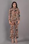 Buy_Bohame_Maroon Linen Printed Floral Mandarin Collar Maryam Jacket And Pant Set _at_Aza_Fashions