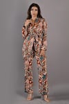 Buy_Bohame_Maroon Cotton Satin Printed Floral Notched Lapel Samantha Jacket And Pant Set _at_Aza_Fashions