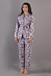 Bohame_Purple Cotton Satin Printed Floral Notched Lapel Cecilia Jacket And Pant Set _Online_at_Aza_Fashions