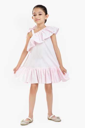 Byb Premium_Pink Cotton, Poplin Ruffled Neckline Dress _Online_at_Aza_Fashions