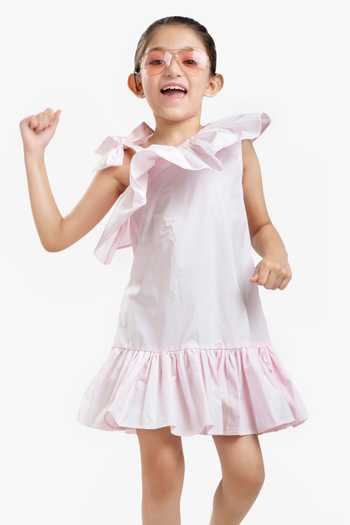 Shop_Byb Premium_Pink Cotton, Poplin Ruffled Neckline Dress _Online_at_Aza_Fashions