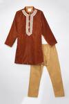 Buy_Byb Premium_Brown Velvet, Cotton Satin Embroidery Mandarin Collar Kurta Set _at_Aza_Fashions
