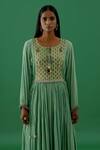 Shop_5elements_Green 100% Cotton With Silk Brocade Yoke Embellishment Brooch Round Anarkali Set _Online_at_Aza_Fashions