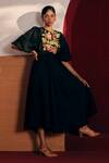 Buy_Cord_Black Linen Cross Stitch, Floral Round Emma Embroidered Dress_at_Aza_Fashions