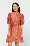 Buy_Meadow_Red Silk Chanderi Stand Collar Shirt Dress  _at_Aza_Fashions