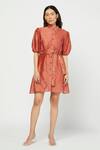 Shop_Meadow_Red Silk Chanderi Stand Collar Shirt Dress  _Online_at_Aza_Fashions