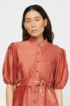 Meadow_Red Silk Chanderi Stand Collar Shirt Dress  _at_Aza_Fashions