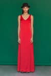 Buy_Sruti Dalmia_Red Pure Silk Satin Plain V Neck Maxi Dress  _at_Aza_Fashions