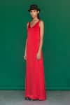 Sruti Dalmia_Red Pure Silk Satin Plain V Neck Maxi Dress  _Online_at_Aza_Fashions