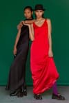 Buy_Sruti Dalmia_Red Pure Silk Satin Plain V Neck Maxi Dress  _Online_at_Aza_Fashions