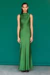 Shop_Sruti Dalmia_Green Pure Silk Satin Plain Cowl Neck Dress  _at_Aza_Fashions