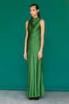 Sruti Dalmia_Green Pure Silk Satin Plain Cowl Neck Dress  _Online_at_Aza_Fashions