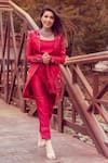 Buy_Dheeru Taneja_Red Organza, Chanderi Kurta Round Jacket V-neck Embroidered And Pant Set _at_Aza_Fashions