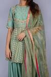 Buy_Ekru_Blue Linen Satin Inner Top Round Peplum Top Leaf Raw Silk Kurta Lehenga Set _Online_at_Aza_Fashions