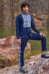 Dash And Dot_Blue 2% Lycra, 35% Viscose, 63% Polyester Geometric Pattern Jacquard Pant Set _at_Aza_Fashions