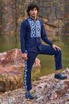 Dash And Dot_Blue 2% Lycra, 35% Viscose, 63% Polyester Geometric Jacquard Tuxedo Stripe Pant_at_Aza_Fashions