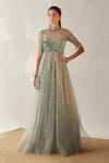 Buy_Cedar & Pine_Blue Tulle Embroidery Sequin Round Gown  _at_Aza_Fashions