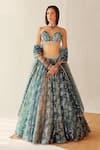Buy_Cedar & Pine_Blue Organza, Tulle Floral, Thread Sweetheart Neck Lake Embroidered Lehenga Set _at_Aza_Fashions