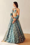 Cedar & Pine_Blue Organza, Tulle Floral, Thread Sweetheart Neck Lake Embroidered Lehenga Set _Online_at_Aza_Fashions