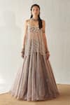 Buy_Cedar & Pine_Grey Organza Printed Floral Deep Round Embroiodered Lehenga And Top Set _at_Aza_Fashions