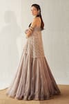 Cedar & Pine_Grey Organza Printed Floral Deep Round Embroiodered Lehenga And Top Set _Online_at_Aza_Fashions