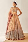 Buy_Cedar & Pine_Gold Organza Printed Floral V Neck Autumn Embroidered Lehenga Set _at_Aza_Fashions