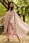 Buy_Pasha India_Pink Linen Printed Floral V Neck Jumpsuit With Drape _at_Aza_Fashions
